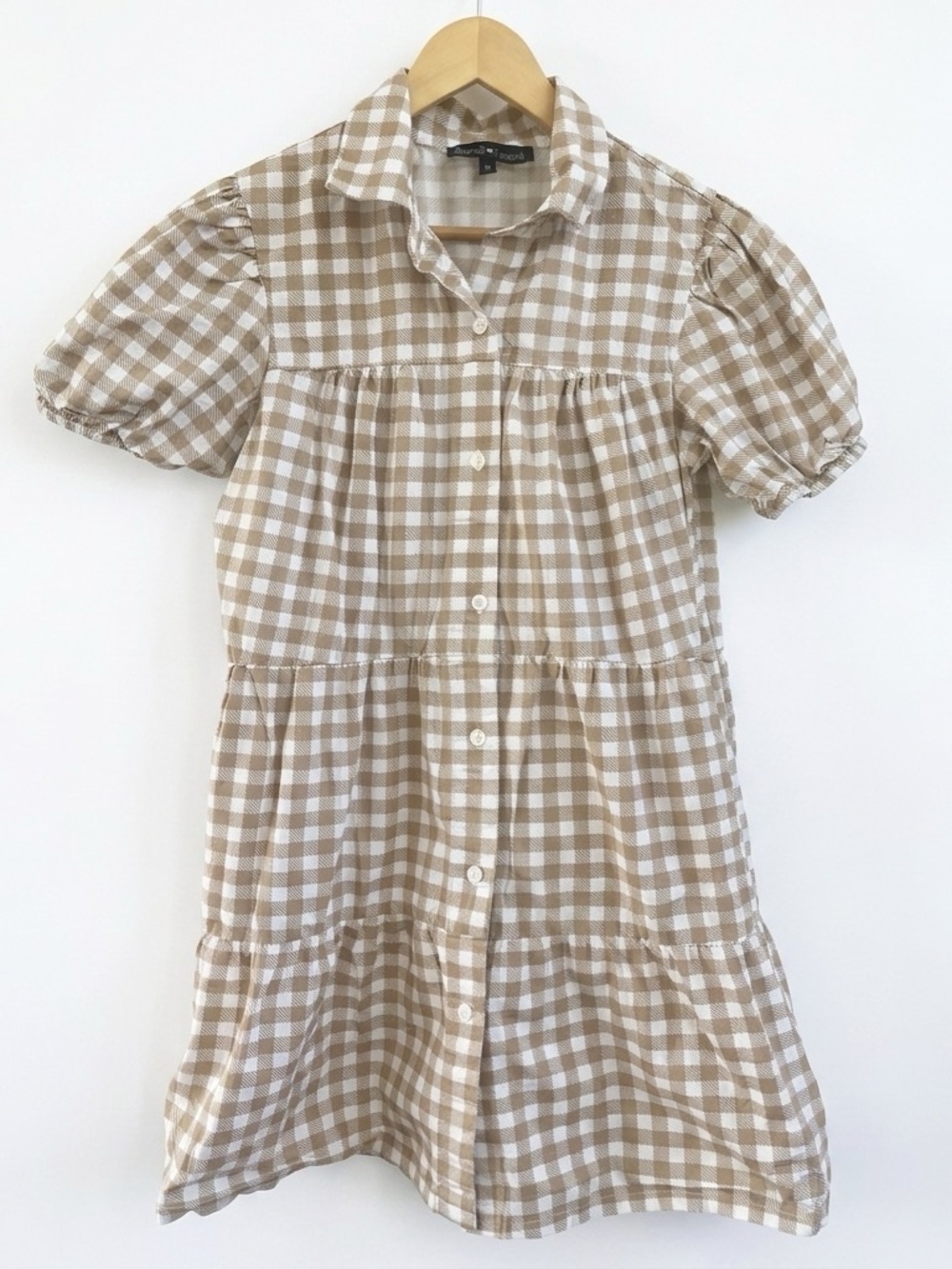 Derek Heart  Button Front Dress Medium Tan White Check Puff Sleeve Tiered Cotton